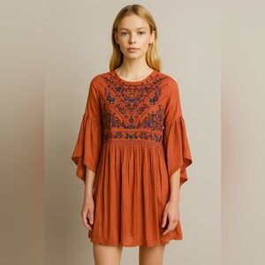 Rust Orange Embroidered Dress Tunic Bohemian Anthropologie like style